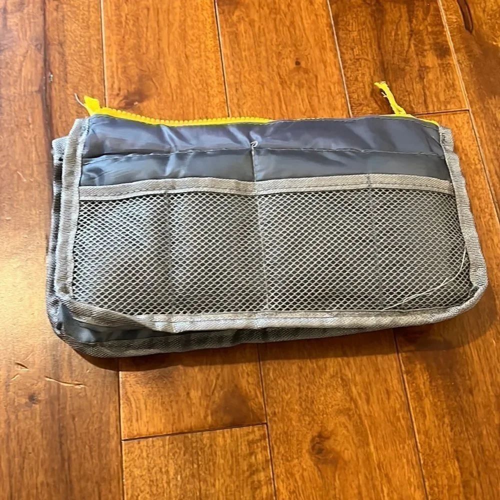 New Purse organizing pouch Gray with yellow zippers 3 pockets